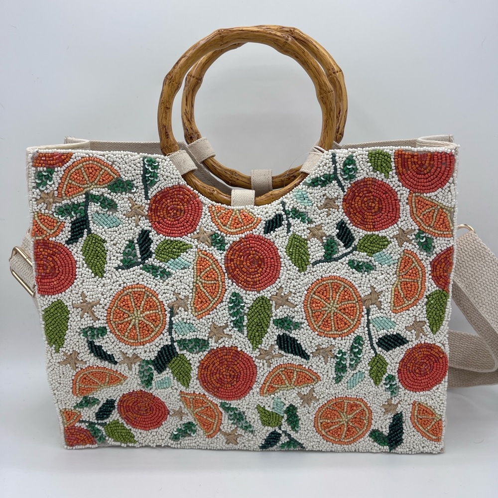Beaded Citrus Pattern Tote Bag with Bamboo Handles NWT TikTok Instagram Viral